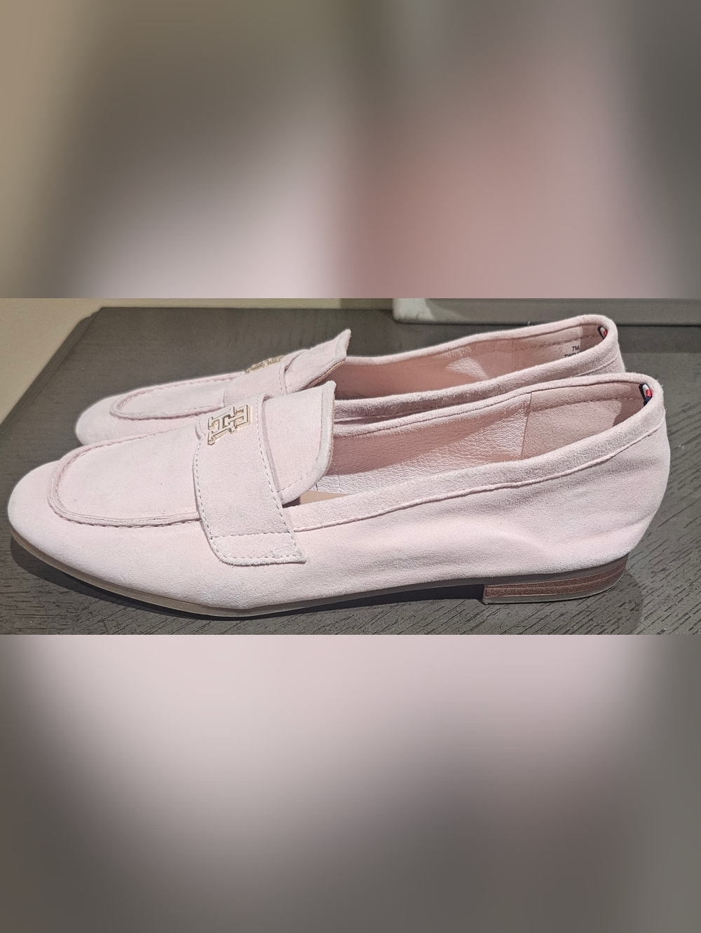 Tommy Hilfiger Pale Pink Suede Loafers with Gold Logo